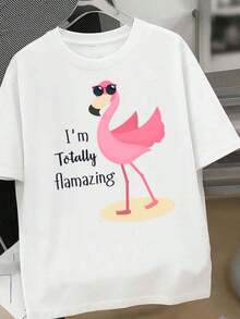 1 Women's Funny Flamingo Print T-Shirt - Featuring The Phrase "I'm Totally Flamingo", Plus Size, Casual, Short Sleeve, Crew Neck, Lightweight And Breathable Fabric For Everyday Wear. Women's Blouses > Clothing - 白色 - 查看 1