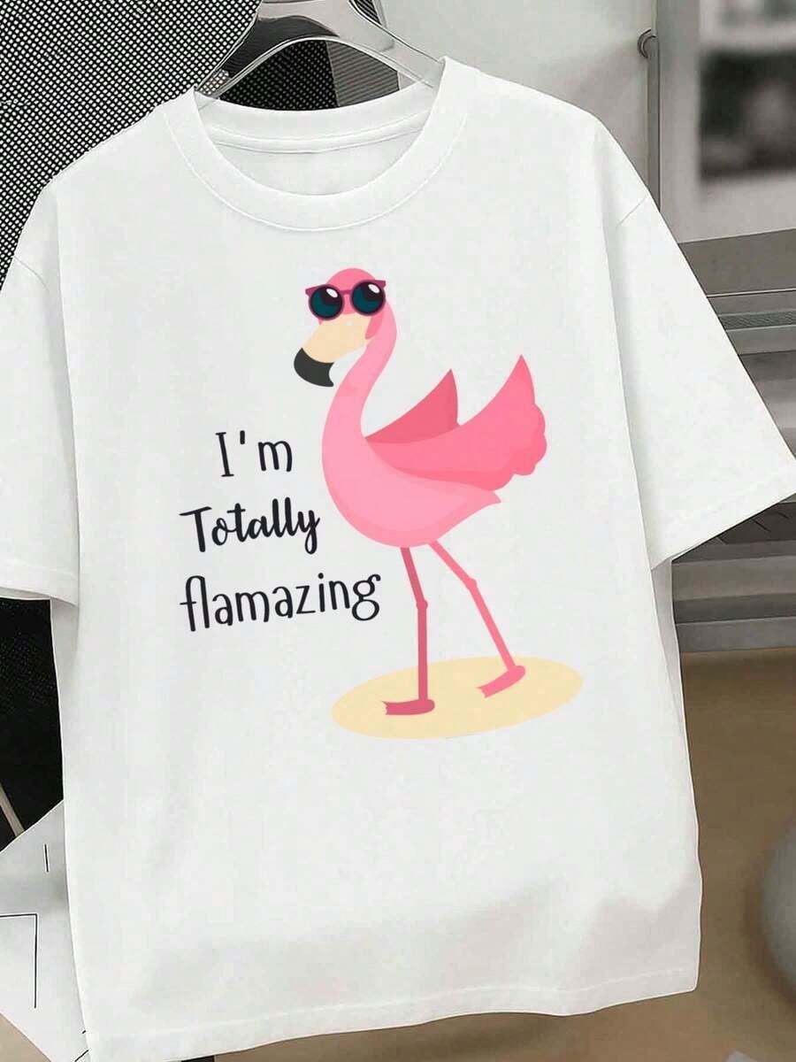 1 Women's Funny Flamingo Print T-Shirt - Featuring The Phrase "I'm Totally Flamingo", Plus Size, Casual, Short Sleeve, Crew Neck, Lightweight And Breathable Fabric For Everyday Wear. Women's Blouses > Clothing - 白色 - 查看 1
