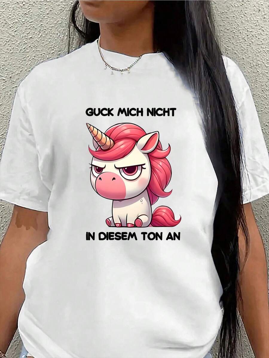Short-Sleeved Polyester T-Shirt With A Cute Angry Unicorn Design And The Funny German Slogan "Guck Mich Nicht In Diesem Ton An". Lightweight And Durable For Casual Wear At Home, In The Office, Or At A Restaurant. - 白色 - 查看 1