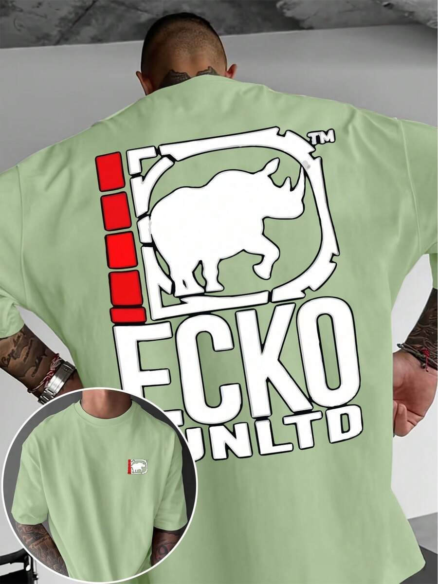 A Short-Sleeved T-Shirt With A "Rhino" Print And A Round Neck, Ideal For Summer. It's A Must-Have For Travel, Dates, Beach Outings, And Vacations, Making It A Perfect Gift For Dad Or A Boyfriend On Special Occasions. - 淺綠色 - 查看 1