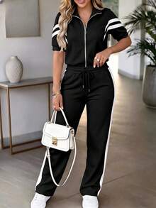 Conjunto informal de 2 piezas para mujer, top de manga corta holgado y de color contrastante con parches + pantalones rectos de pierna con rayas de color contrastante, elegante para el verano - Negro - Ver 3