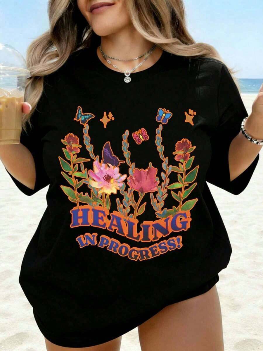 Women's Cotton T-Shirts, "Healing In Progress" Butterfly Floral Print T-Shirt, Women's Summer T-Shirt, Casual Beach Style, Plus Size, Fashion Top, Women's Basic Blouses. - 黑色 - 查看 1