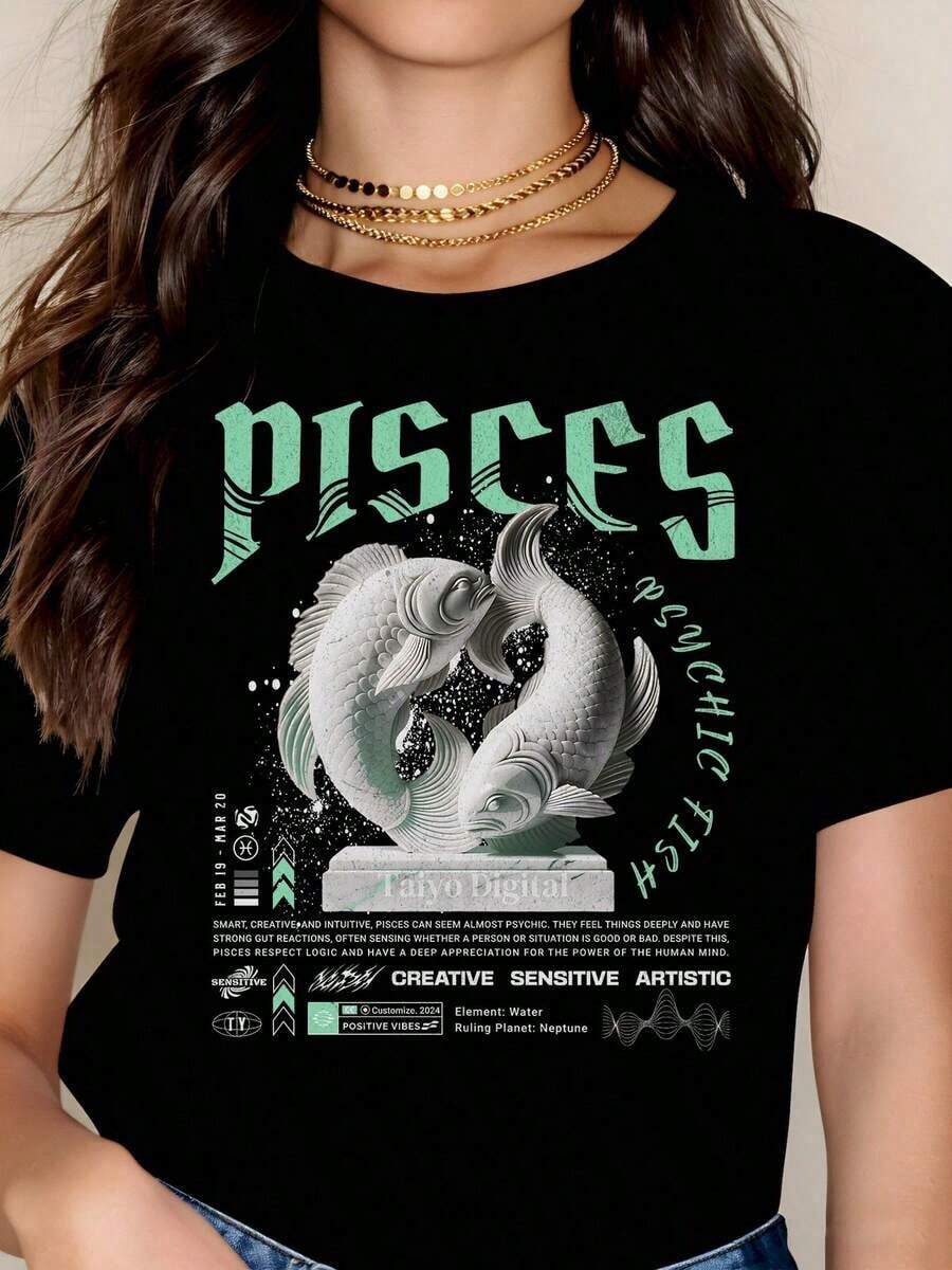 Women's Cotton T-Shirts, Pisces Zodiac Sign T-Shirt, Psychic Astrology Design, Creative, Sensitive, Artistic, Fish Symbol Graphic T-Shirt For Women And Men, Casual Wear, Birthday Gift For Pisces Lovers, Basic Women's Blouses. - 黑色 - 查看 1