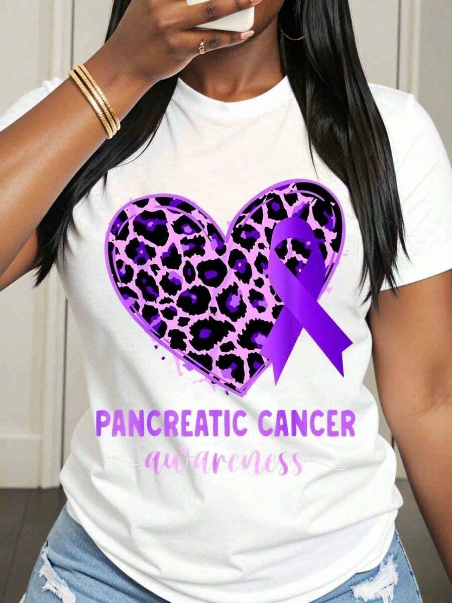 Women's Cotton T-Shirts Pancreatic Cancer Awareness Purple Ribbon Heart Leopard Print T-Shirt For Women Support And Solidarity Cancer Awareness Rel Basic Blouses For Women - 白色 - 查看 1