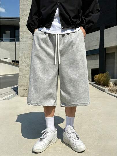 1pc Men's Street Style Badge Graphic Print Drawstring Waist Casual Loose 7/8 Pants, Suitable For Outdoor Wear, Gift For Husband/Boyfriend