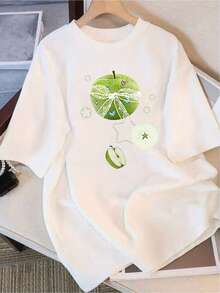 Modern Minimalist White T-Shirt For Women With Golden Apple And Green Leaf Print - Korean Style Short Sleeve Top, Casual Summer Shirt, Suitable For Teens And Adults, Casual Youth Style, Decorated With Stars And Lime Green Details (Casual For Everyday Wear). - 白色 - 查看 1