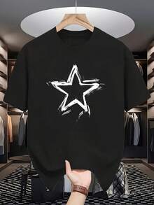 1 pieza de camiseta de manga corta transpirable y a la moda para hombre - ropa de verano, con un llamativo estampado geométrico de pentagrama y diseño creativo, transpirable y no sofocante, 180g 100% algodón. - Blanco - Ver 6