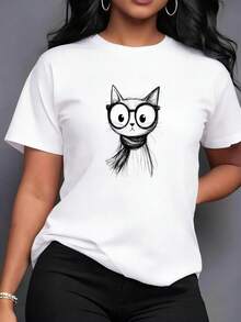 Women's Casual Top. Fitted Women's T-Shirt With A Cat Wearing Glasses Design, Perfect For Everyday Wear. Lightweight And Breathable, Suitable For Various Occasions. A Must-Have For Casual Daily Wear. - 白色 - 查看 9