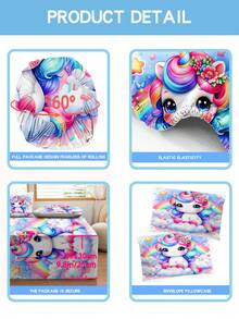 2/3pcs Customizable Rainbow Unicorn Print Children's Bedding, Cute Cartoon Style Polyester Fiber Fitted Sheet, 30cm Deep Pocket, Elastic All Around, Soft & Breathable Mattress Protector, Customized Kids Bed Sheet, Suitable For Bedroom And All Seasons - Multicolor - View 5
