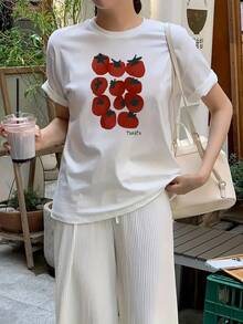 Y2k Harajuku Style Tomato Print T-Shirt, Aesthetic, Vintage, Short Sleeve, Graphic, Cute, Women's Summer Clothing - Vintage Street Style, Unisex, Loose Fit, Cotton, Short Sleeve, Crew Neck. - 白色 - 查看 5