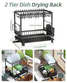 2-Tier Dish Rack With Auto-Drain & Mat, Dish Racks For Kitchen Counter, Dish Drainer With Knife, Fork & Cup Rack, Gifts For Women, Mothers Day, Cool Stuff & Kitchen Gadgets - View 6