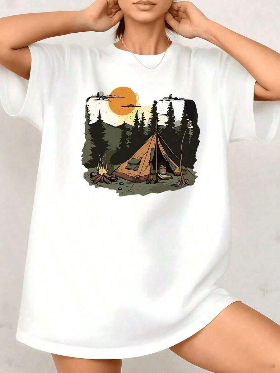 GiftCamia Women's Camping Graphic Print Shirt, Outdoor Adventure, 100% Cotton, Crew Neck, Loose Fit, 1 Piece. Excellent Gifts For Friends And Family, Casual Style For Nature Lovers - Vintage Urban Style, Unisex Short-Sleeved Crew Neck Shirt. Soft - 白色的 - 查看 1