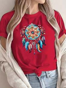 Women's Short-Sleeved T-Shirt With Front Print, Comfortable And Breathable Fabric, Casual Sporty Style, Suitable For Everyday Casual And Athletic Wear In Summer. OL0L 100% Cotton - 紅色的 - 查看 1