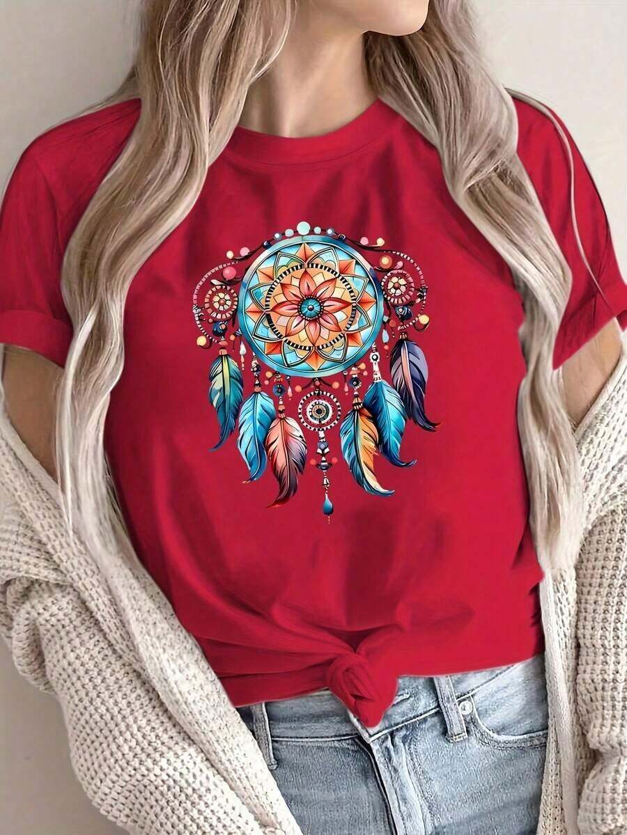 Women's Short-Sleeved T-Shirt With Front Print, Comfortable And Breathable Fabric, Casual Sporty Style, Suitable For Everyday Casual And Athletic Wear In Summer. OL0L 100% Cotton - 紅色的 - 查看 1