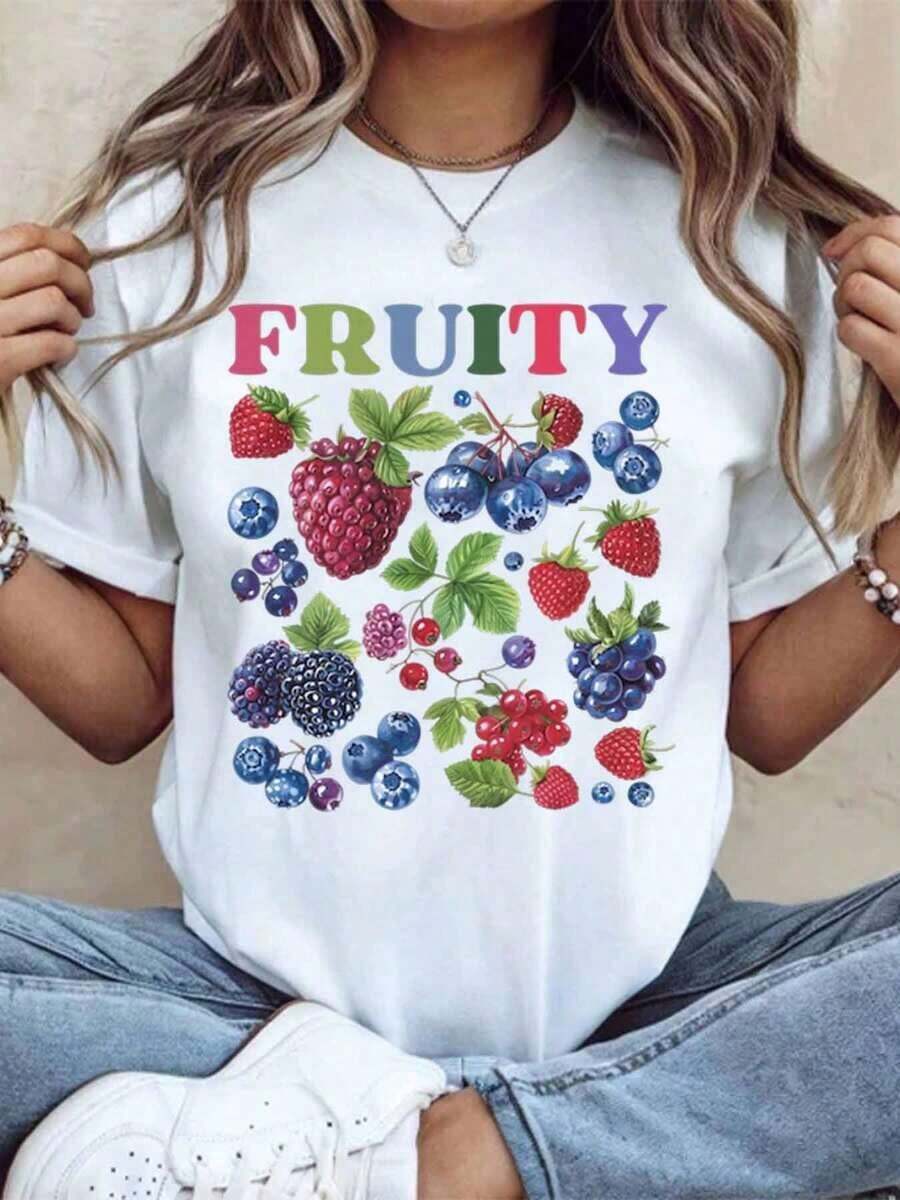 Cool T-Shirt With Fruit And Berry Print, Casual Women's T-Shirt, Summer Fruit Graphic Top For Everyday Wear And As A Holiday Gift, Fashionable. - 白色 - 查看 1