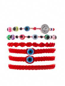 6-7pcs/Set Evil Eye Red Braided Bracelet Set, Adjustable Protection Rope Bracelet With Beads And Faux Pearls, Stackable Good Luck Jewelry For Women - Multicolor - View 8