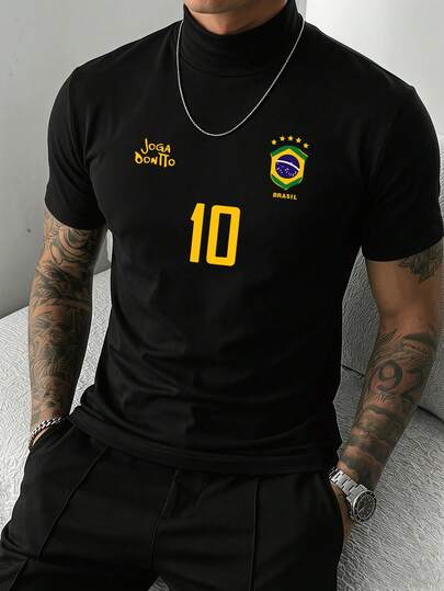 Men's Graphic T-Shirt, Retro Brazilian Football Jersey, Casual Football Fan Outfit, Football Shirt, 100% Polyester Breathable Knit Fabric, Half-High Collar Design