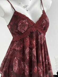 Top de mujer con estampado de leopardo y dobladillo asimétrico con encaje - Rojo 2 - Ver 6