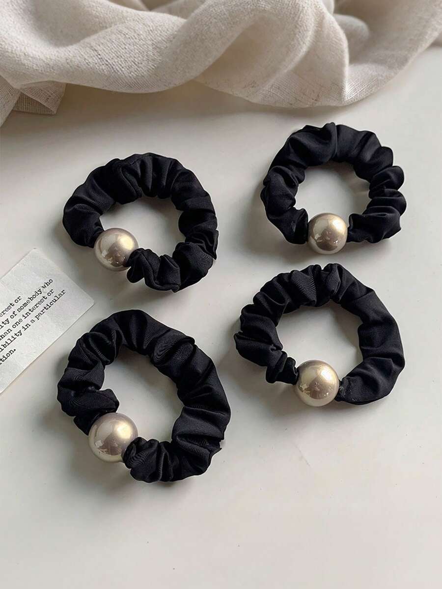 MH 4pcs Women Black Fabric Faux Pearl Hair Scrunchies, Suitable For Daily Use