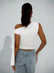Elegante blusa de mujer con hombros asimétricos y cuello con lazo, adecuada para citas casuales, fiestas nocturnas, uso diario, otoño - Blanco - Ver 2