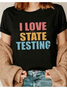 Women's Printed T-Shirt In Black With Colorful Text - Casual Short Sleeve Crew Neck T-Shirt, Relaxed Fit For All Seasons, Perfect For Everyday Wear Or Holiday Outfits (Machine Washable), Matches Perfectly With Blue Jeans. - 黑色 - 查看 1
