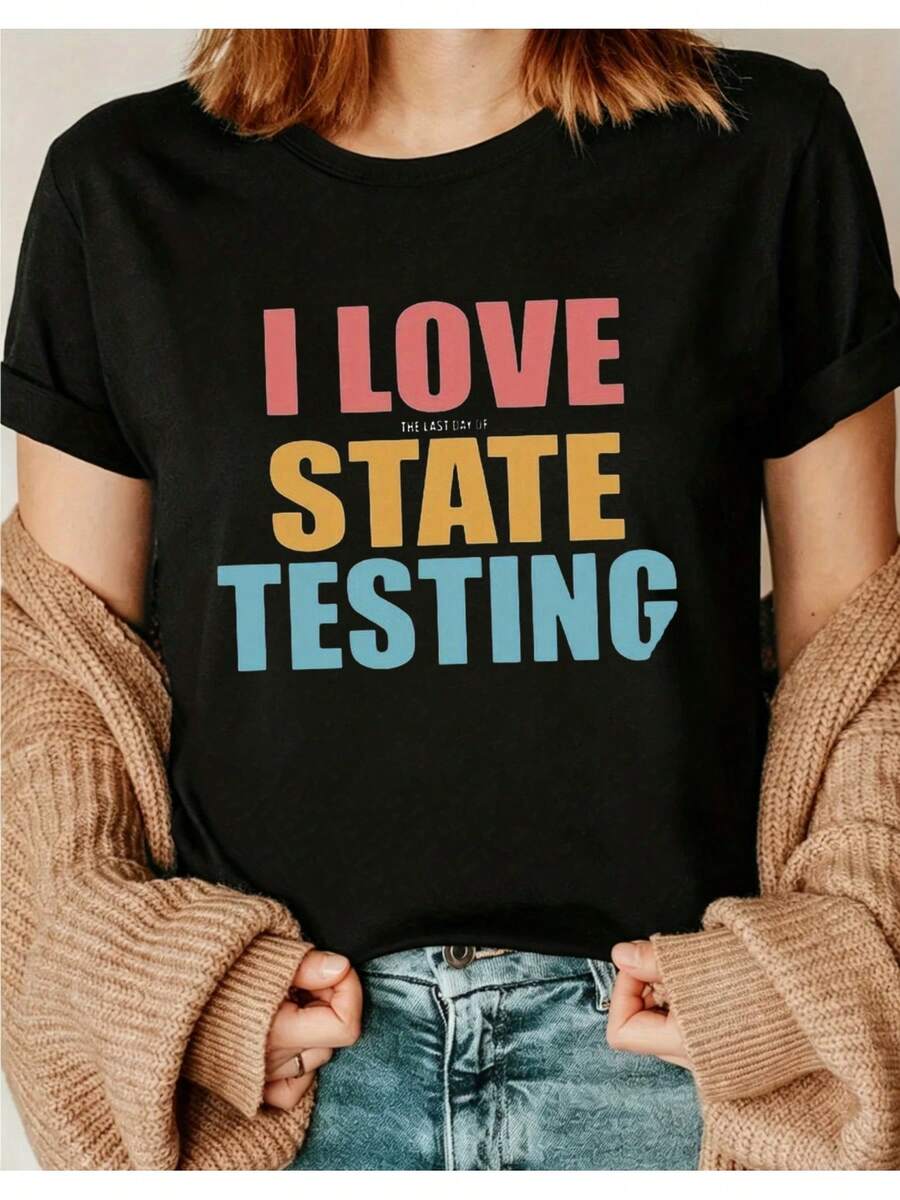 Women's Printed T-Shirt In Black With Colorful Text - Casual Short Sleeve Crew Neck T-Shirt, Relaxed Fit For All Seasons, Perfect For Everyday Wear Or Holiday Outfits (Machine Washable), Matches Perfectly With Blue Jeans. - 黑色 - 查看 1