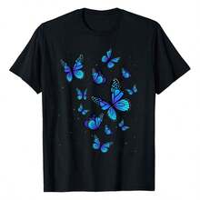 1 Piece Women's Short Sleeve T-Shirt With Blue Butterfly Print, Casual And Urban Style, Small Size, Ideal For Spring And Summer. Loose-Fitting Printed T-Shirt For Women,  Summer Top, Gift For Holidays, Easter Sunday, Mother's Day, Independence Day, Pride Month. 180g 100% Cotton. - 黑色 - 查看 7