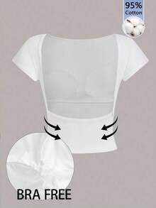 Camiseta sin sujetador de cuello redondo y espalda descubierta de 95% algodón, minimalista y casual para uso diario, atuendo de vacaciones para mujeres, verano - Blanco - Ver 8