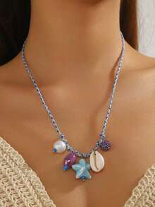 2pcs Summer Ocean Style Shell & Starfish Ceramic Pendant Necklace, Bohemian Vacation Necklace - Multicolor - View 8