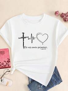 Camiseta Estampada para Mujer - Camiseta Casual de Manga Corta y Cuello Redondo con Diseño de Texto Cursivo Negro ECG en Blanco, Corte Relajado para Todas las Estaciones, Perfecta para Uso Diario y Atuendos de Vacaciones (Lavable aáquina). - Blanco - Ver 1
