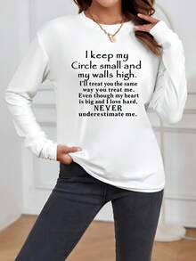 Camiseta Deportiva Casual para Mujer de Manga Larga Blanca con Diseño de Texto en Negrita - Camiseta Elástica de Cuello Redondo, Lavable aáquina, Ajuste Cómodo, para Todas las Estaciones. - Blanco - Ver 1