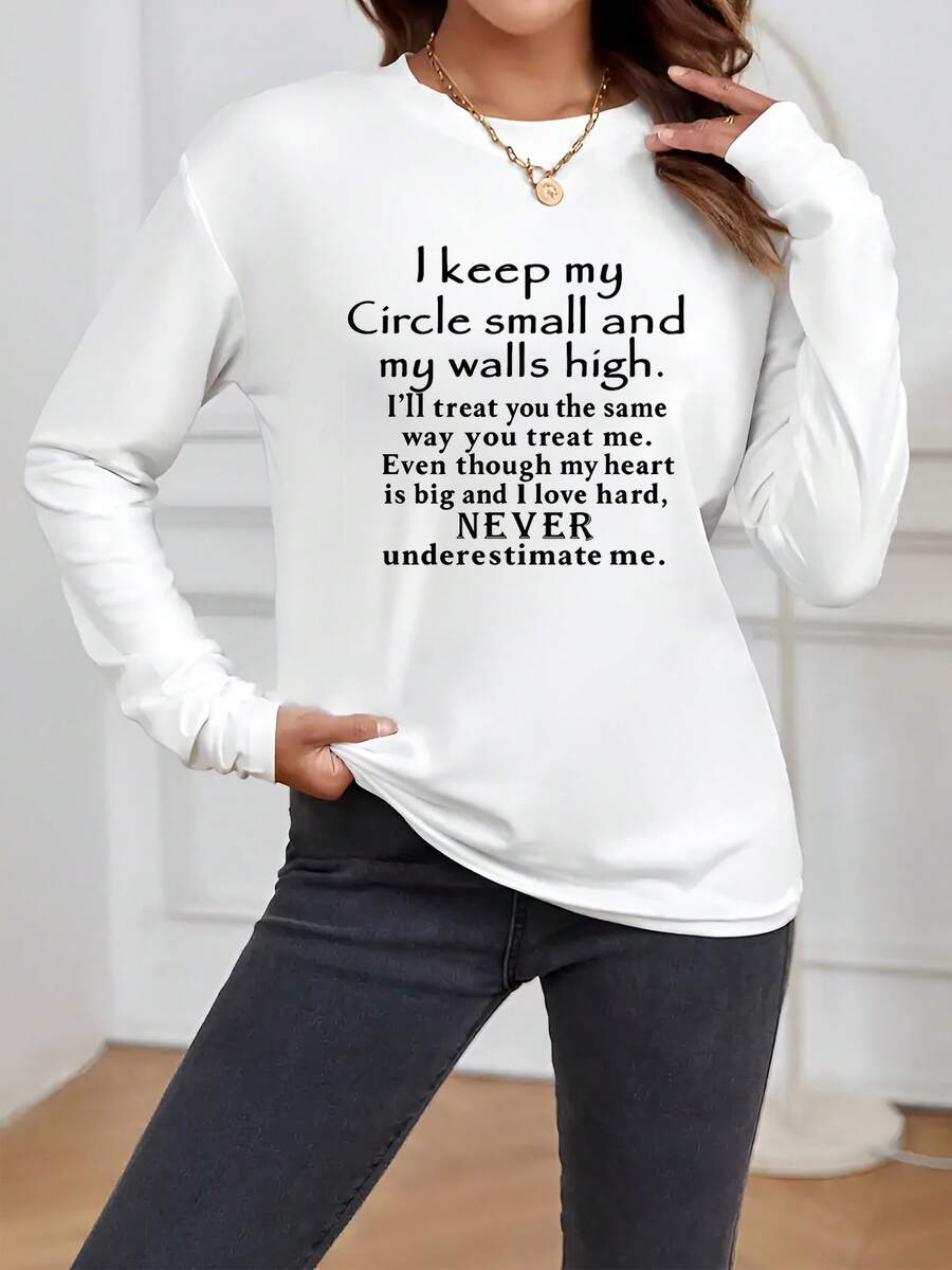 Camiseta Deportiva Casual para Mujer de Manga Larga Blanca con Diseño de Texto en Negrita - Camiseta Elástica de Cuello Redondo, Lavable aáquina, Ajuste Cómodo, para Todas las Estaciones. - Blanco - Ver 1