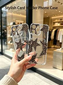 1 unidad Estrellas con estampado de leopardo Funda para iPhone 17 E, protección anticaída con airbag reforzado en las cuatro esquinas, tarjetero invisible integrado en la parte trasera, compatible para tarjeta personal, carnet de conducir, tarjeta de acceso y tarjeta de transporte, funda protectora antigolpes portátil con ranura para tarjetas, diseño sencillo y elegante, ideal para uso diario, desplazamientos y viajes - transparente - Ver 3
