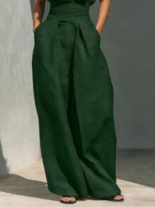 Linen Blend 2-Piece Outfit, Sleeveless High Neck Top & Wide Leg Pants With Waist Belt, Casual Summer Set - 墨綠色 - 查看 3