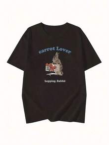1 Piece, Casual, Everyday Wear, New Release, 1 Piece Of Women's Y2K Style Blue Letter Rabbit Print Short Sleeve T-Shirt, New Summer Fashion, Versatile, Loose, Round Neck, Y2K Graphic Top, Soft. - 黑色 - 查看 3