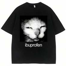 -Funny Vintage T-Shirt With A Motif Of A Cat Taking Ibuprofen. -Funny And Casual WoClothing Harajuku T-Shirt For Festivals. - Black - View 6