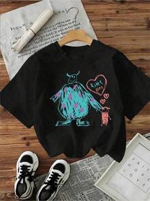 Camiseta negra informal de manga corta con cuello redondo para hombre,Camisetas Para Mujer Camiseta única y moderna con diseño artístico de criatura colorida estilo y2k, perfecta para destacar tu personalidad. Ideal para amantes de la moda alternativa en México, ¡no te quedes sin la tuya! - Negro - Ver 6