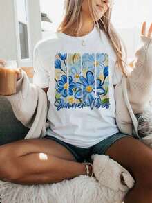 Women's Bohemian Floral T-Shirt | Lightweight Round Neck, White Print Design, Casual And Beachwear, Machine Washable, Loose And Waterproof Fabric, Suitable For All Seasons, Christmas, Easter, Halloween, Thanksgiving And More. - 白色 - 查看 6