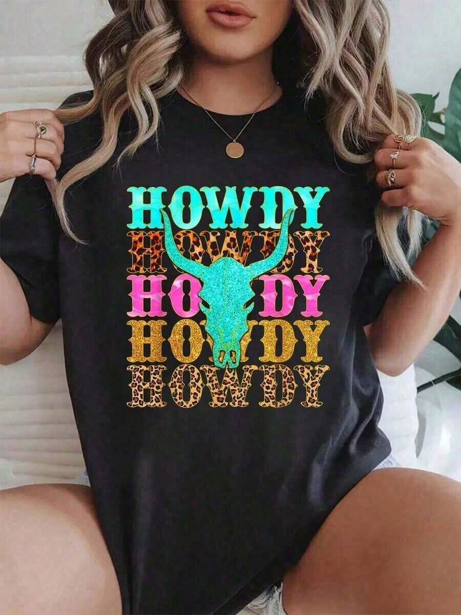 Women's 100% Cotton T-Shirt, Western Country Style, With Leopard Print, Bull Skull And Cowgirl Rodeo Design, Comfortable Summer T-Shirt - 黑色 - 查看 1