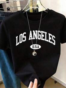 1pc Camisetas Para Mujer Camiseta negra de diseño urbano con estampado de Los Angeles clásico estilo y2k, perfecta para un look moderno y casual, ideal para combinar con jeans o shorts y destacar en cualquier ocasión, una pieza única que no puede faltar en tu guardarropa. Camiseta De Manga Corta De Algodón - Negro - Ver 1
