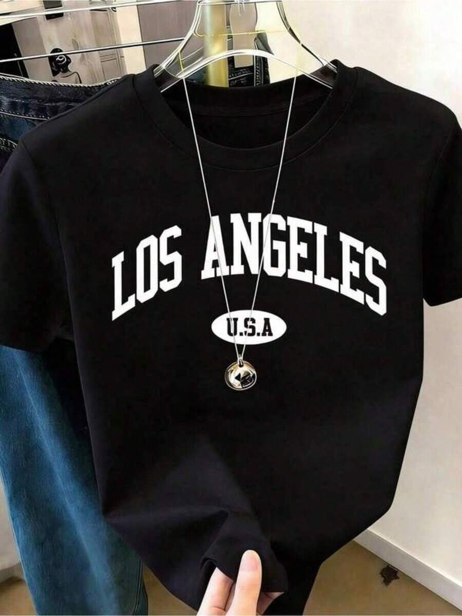 1pc Camisetas Para Mujer Camiseta negra de diseño urbano con estampado de Los Angeles clásico estilo y2k, perfecta para un look moderno y casual, ideal para combinar con jeans o shorts y destacar en cualquier ocasión, una pieza única que no puede faltar en tu guardarropa. Camiseta De Manga Corta De Algodón - Negro - Ver 1