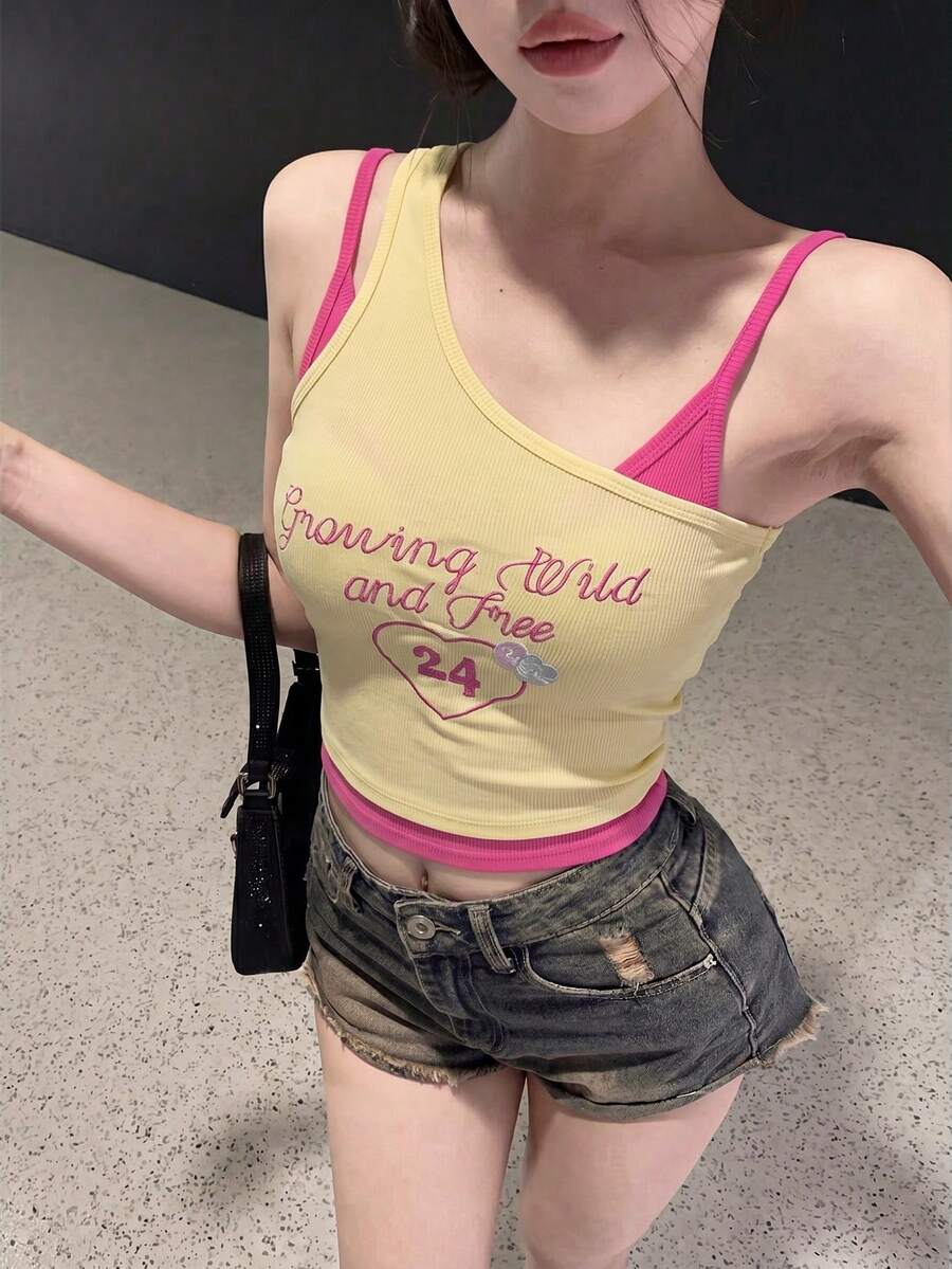 性感露背內墊細肩帶背心上衣,無袖修身設計,休閒夏季黃色 - 黃色 - 查看 1