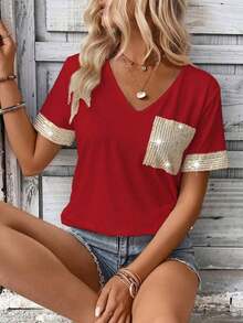 LUNE Camiseta de mujer casual de manga corta con cuello en V, parches y lentejuelas - Burdeos - Ver 5