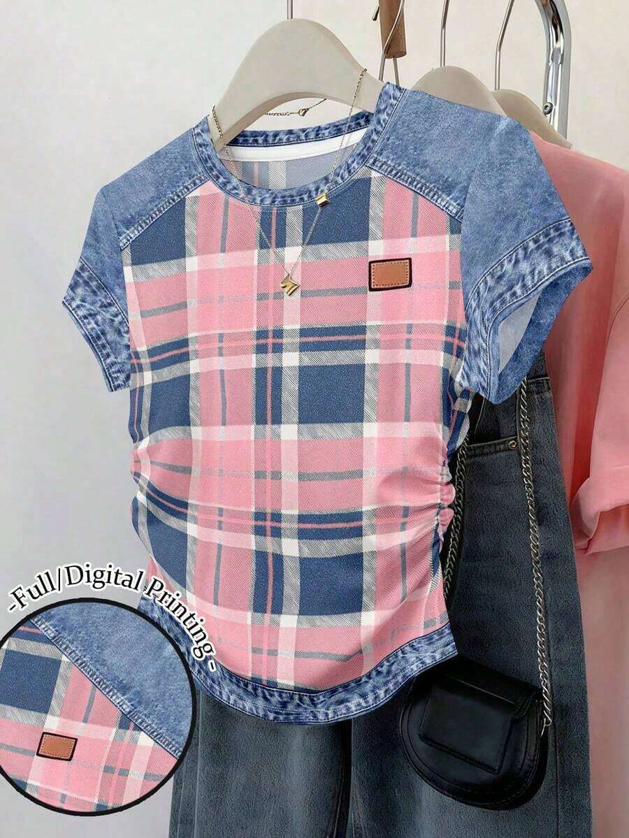 Set de 3 blusas de mujer con estampado de rayas, cuadros y gráficos, de manga corta y con efecto de cintura ceñida - Multicolor 2 - Ver 1