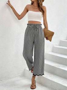 Pantalones casuales de mujer con cintura con cordón a cuadros - Blanco y Negro - Ver 6
