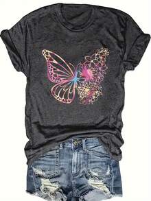 1 camiseta casual de manga corta para mujer - estampado floral y de mariposas en degradado de colores, cuello redondo holgado, lavable a máquina, adecuada para primavera, verano y otoño, moda de temporada, diseño artístico, tela no transparente de 180g 100% algodón. - Negro - Ver 7