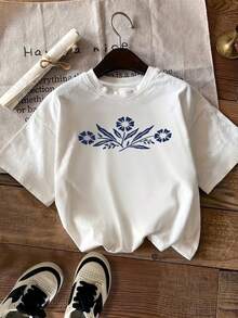Limited Time Offer, Limited Quantities, Flash ! Women's Casual Shirts, Women's Polyester T-Shirts, Elegant Shirts. Fashionable Short-Sleeved T-Shirt For Women, Spring/Summer Style, With A Fresh And Natural Blue Floral Pattern Print. - 白色 - 查看 9