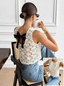 Blusa sin mangas casual y versátil con cuello redondo, decoración de moño y jacquard - Albaricoque - Ver 7