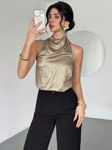 Blusa de satén dorado con cuello de tortuga y espalda de halter, elegante y casual para ir al trabajo/Look de Año Nuevo/Blusa sexy/Blusa brillante/Blusa para fiesta/Blusa de estilo "Old Money"/Blusa dorada - Dorado - Ver 8