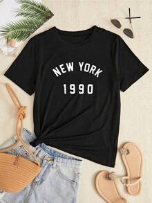 1 Piece Unisex Loose Fit T-Shirt 180g 100% Pure Cotton, Unique Y2K Style T-Shirt With Retro 1990s New York Design Perfect For Your Casual Look, Ideal For Everyday Wear. It Stands Out For Its Modern And Classic Combination, Combining Comfort And Style For Your Summer Outfits. Ideal For Daily Use, Festivals, Concerts And All Seasons - 黑色 - 查看 6